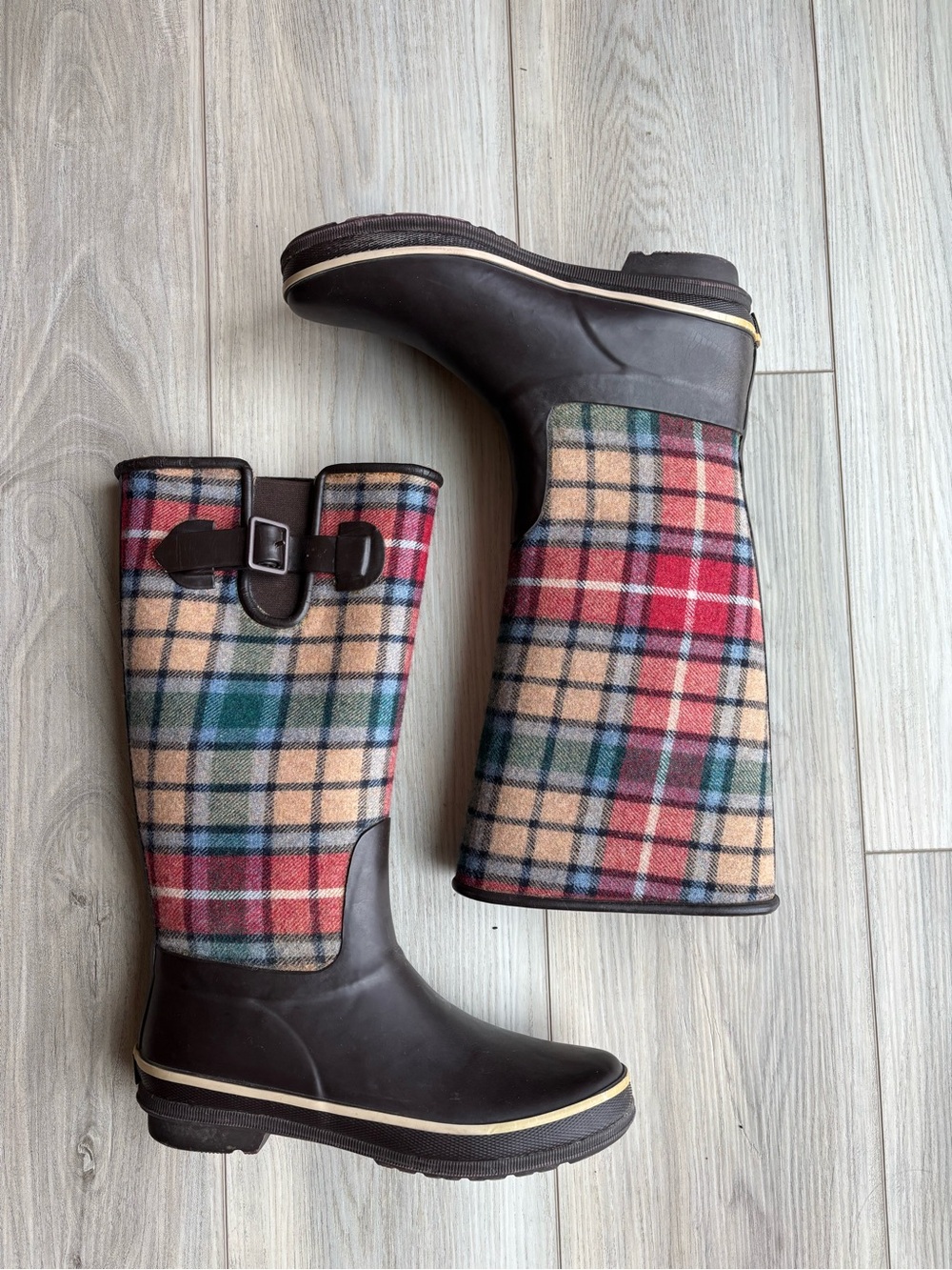 Sperry Brown Rubber & Red/Green Plaid Tall Rain Boots